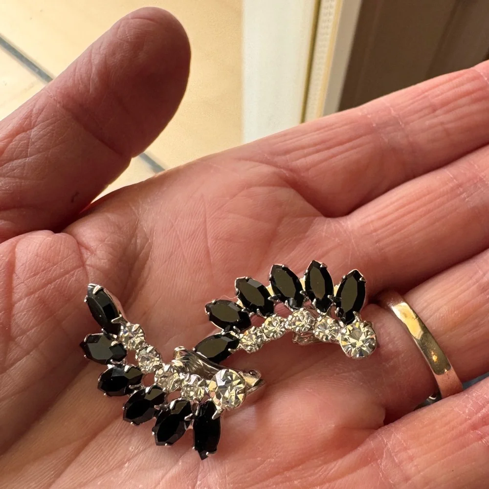 Vintage B David Black Rhinestone Clip Earrings Old Hollywood Glam